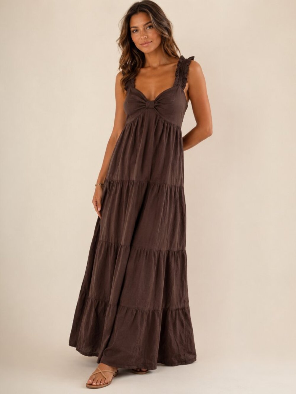 Charlie Holiday Brown Tiered Maxi Dress Womens 6 Boho Summer Beachy Casual